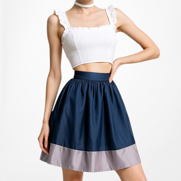 Forever 21 Satin High Waisted Navy Blue Silver Knee Length Flared Skirt Size S - Picture 1 of 6